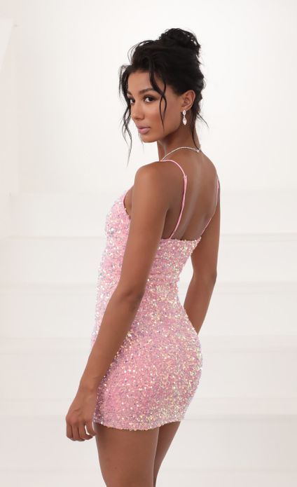 Party dresses > Iridescent Sequin Bodycon Dress in Pink Glamorous Pink Mini Dress, Pink Fitted Sequin Bodycon Dress, Pink Mini Dress With Contrast Sequin For Prom, Pink Contrast Sequin Mini Dress For Prom, Pink Sequin Dress With Glitter For Prom, Pink Sequin Dress With Glitter For Prom Season, Pink Fitted Sequin Dress With Shimmer, Glamorous Pink Mini Dress With Contrast Sequin, Pink Glitter Dress For Homecoming