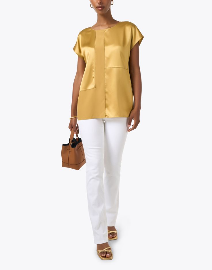 Designed with the modern woman in mind, Lafayette 148 New York brings their signature style to life with this top. The luxurious 100% silk silhouette is crafted with interlocking panels, creating a monochromatic geometric motif. Wear it with anything from your favorite jeans to ladylike skirts for a variety of chic styling options. Skirt And Top Dress, Geometric Motif, Yellow Silk, Silk Charmeuse, Signature Style, Skirt Top, Favorite Jeans, Dress Accessories, Shirt Outfit