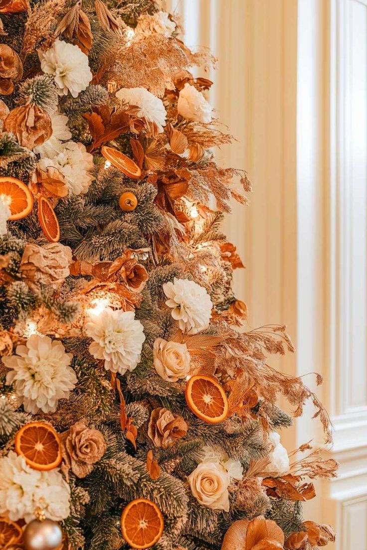 a decorated christmas tree with dried oranges and other holiday decorations on it's branches