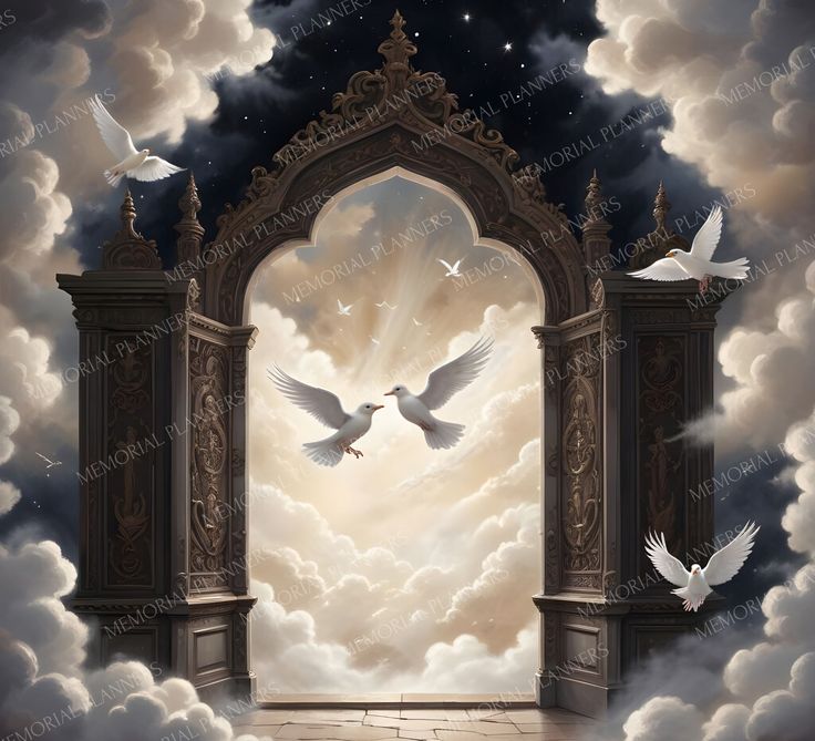 a painting of two white doves flying in front of an arch with clouds and stars