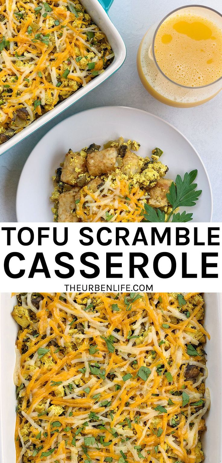 a casserole dish with cheese and vegetables in it, next to a glass of orange juice