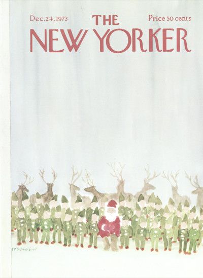 an advertisement for the new yorker featuring santa claus and his reindeers in green