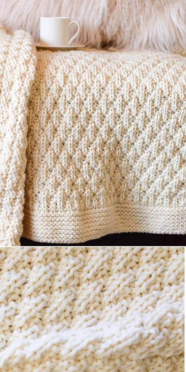 a knitted blanket with text that reads free knitting pattern, pillow quilted blanket by mama in a stitch