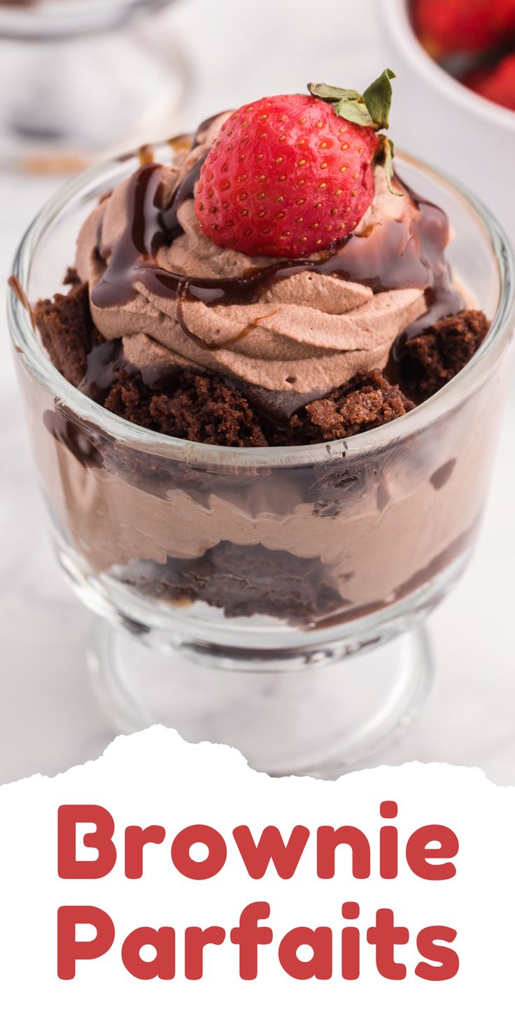 Photo of a brownie parfait in a serving dish. Strawberry Brownie Parfait, Desserts In A Cup To Sell, Individual Brownie Trifle Cups, Brownie Parfait Desserts Easy Recipes, Brownie Dessert Cups Ideas, Easy Dessert Parfait Recipes, Layered Parfait Desserts, Chocolate Moose Brownie, Chocolate Desserts Individual