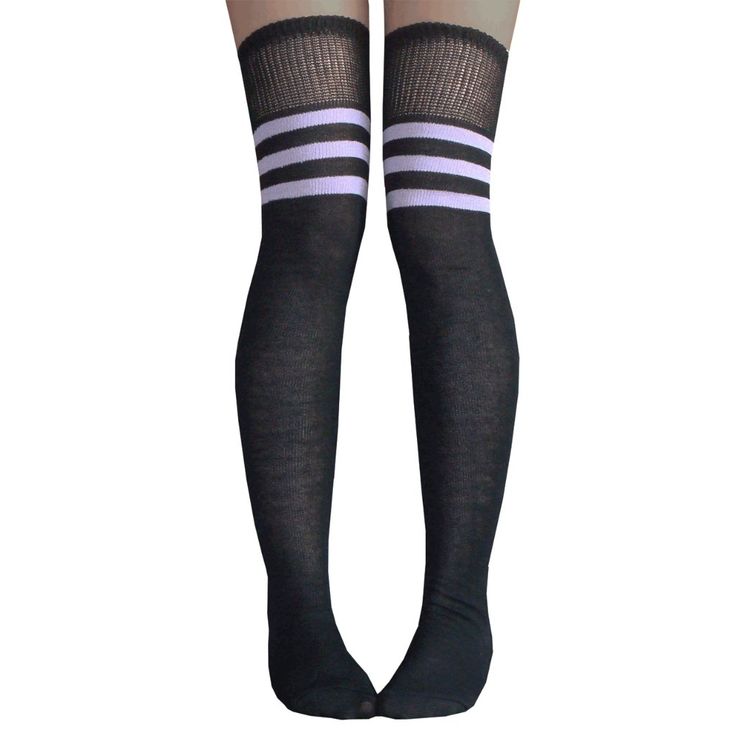 Show A Bit Of Personality With These Uniquely Detailed Black And Lilac Thigh High Socks. Made In Usa Size: Women's 7-11 Material: 80% Cotton, 20% Nylon & Elastic Length: 32” - 34” Before Stretched Potential Aesthetic, Cool Tights, Striped Thigh High Socks, White Thigh Highs, Aesthetic Socks, Orange Socks, Roller Skaters, Black Thigh High, Subway Surfers