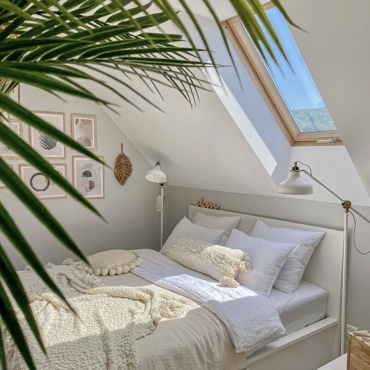 a white bed sitting under a window next to a tall green palm tree in a bedroom