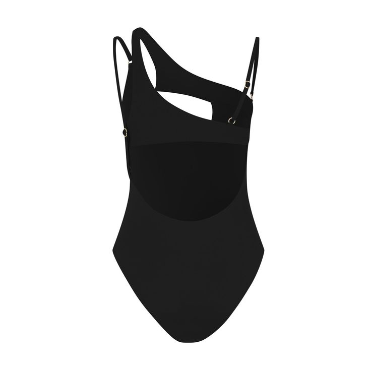 a black one piece swimsuit with straps on the back and side, in front of a white background