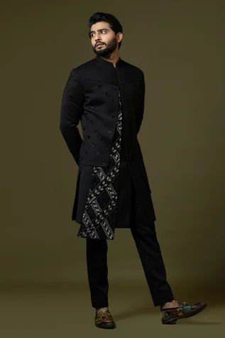 Shop for Paarsh Black Terry Cotton Cut Dana Embroidered Achkan Trouser Set for Men Online at Aza Fashions Indowestern Outfits For Men, French Knot Hairstyle, Man Dress Design, French Knot Stitch, Cultural Fashion, Groom Dress Men, French Knot Embroidery, Zardozi Work, Zardozi Embroidery