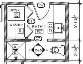 the floor plan for a bathroom with two sinks and a shower area, including an overhead toilet