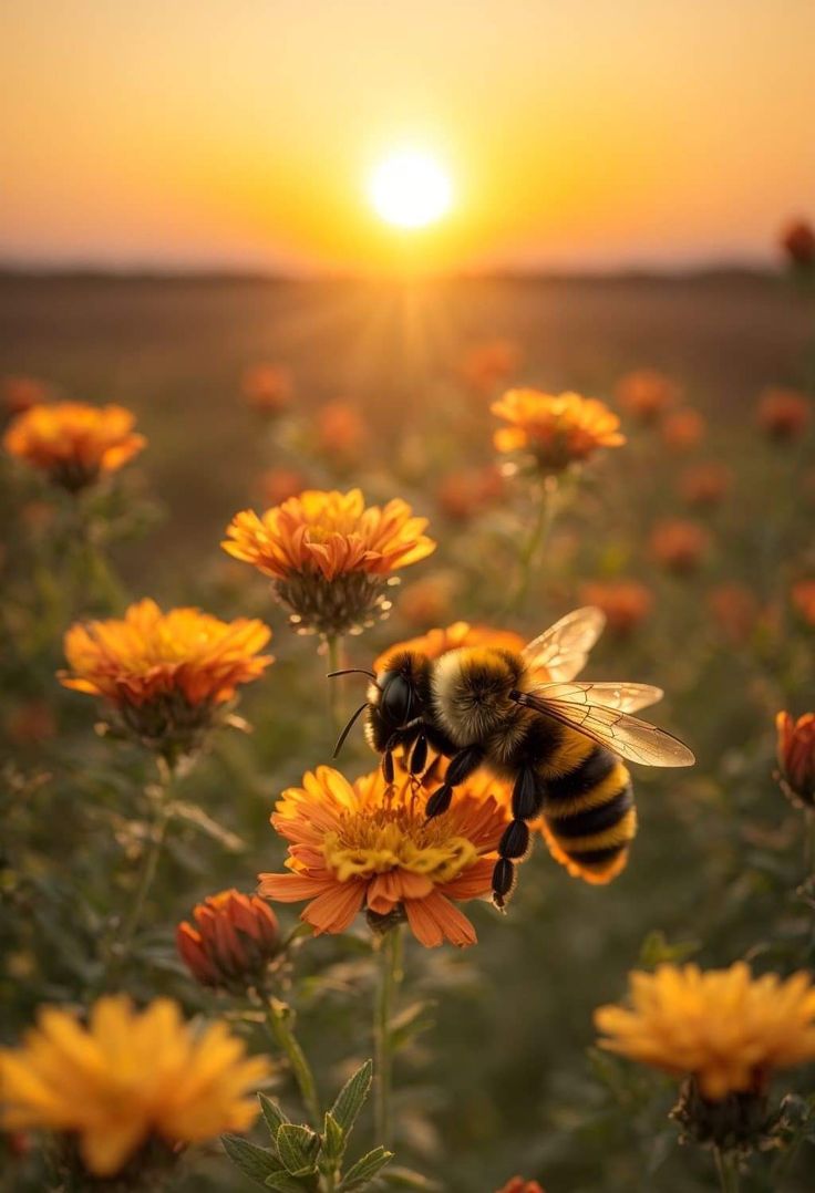 a bee sitting on top of a yellow and orange flower in a field at sunset