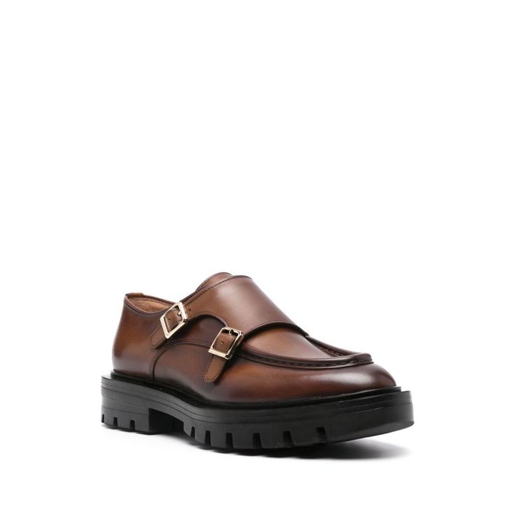 light brown calf leather double buckle fastening piped-trim detailing round toe branded leather insole oversize rubber sole Santoni Shoes, Zegna Shoes, Prada Leather, Saint Laurent Shoes, Shop Shoes, Sneaker Wedge, Card Holder Leather, Yoga Wear, Beautiful Shoes