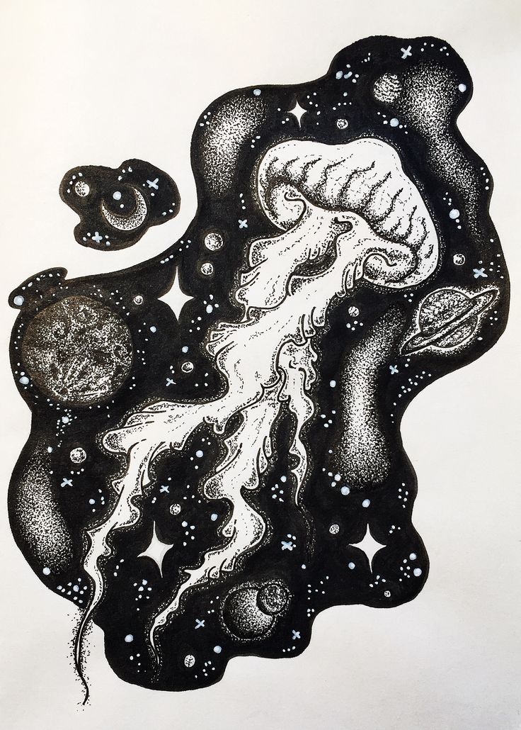 an ink drawing of a jellyfish in space with stars and planets around its neck