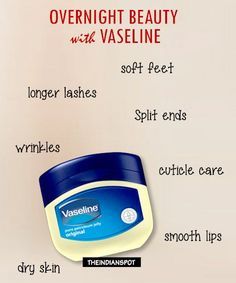 Keep a small box of vaseline or make your own natural vaseline and use it in few simple and easy ways in your overnight beauty routine: Lash care: Coat your lashes with vaseline to strengthen it and also remove the stubborn mascara or eye makeup. Pamper your eyelashes by dabbing a small amount of Vaseline to your eyelashes before going to bed, this will help them to grow faster. Cuticle Care: Apply vaseline to condition, moisturize and add shine to your cuticles or use it before going to bed... Ways To Use Vaseline, Internet Hacks, Overnight Beauty Tips, Concealer Tricks, Vaseline Beauty Tips, Vaseline Petroleum Jelly, Eyeliner Tips, Overnight Beauty, Petroleum Jelly