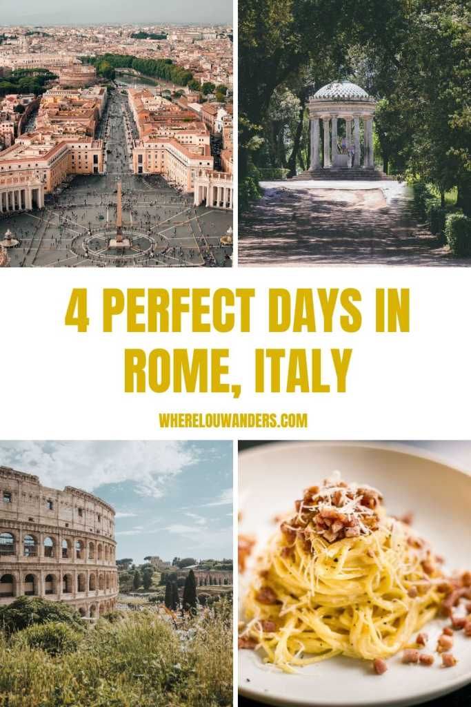 four different pictures with the words 4 perfect days in rome, italy