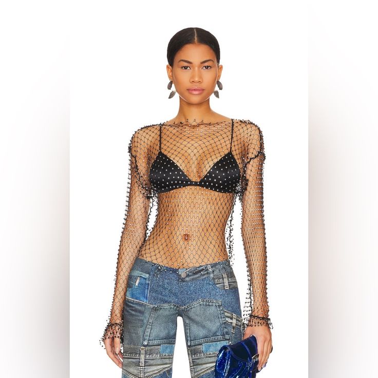 Bought This Top For An Event But I Never Wore It. Brand New. 95% Polyester, 5% Elastane Made In Turkey Dry Clean Only Crystal Embellishments Throughout Garment Is Intentionally Sheer, Undergarments Will Show Through. Please Note Undergarment Not Included Chic Fitted Fishnet Mesh Top, Fishnet Party Tops For Spring, Spring Party Fishnet Tops, Edgy Mesh Top For Party, Edgy Fishnet Mesh Top For Night Out, Edgy Fishnet Tops For Club, Edgy Mesh Top For Evening, Edgy Mesh Top For Summer Party, Edgy Black Mesh Top For Evening