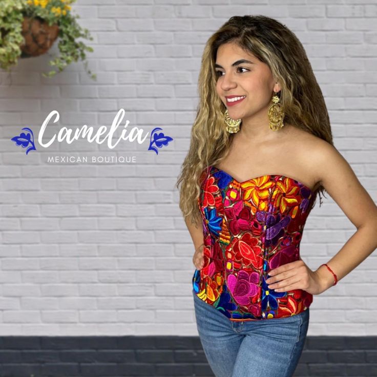 Mexican Embroidered Corset Zinnia – Camelia Mexican Boutique Festival Corset With Boned Bodice, Fitted Multicolor Sleeveless Corset, Silk Corset With Sweetheart Neckline, Multicolor Sleeveless Corset, Bohemian Corset For Festivals, Mexican Corset, Embroidered Corset Top, Mexican Boutique, Mexican Embroidery Designs