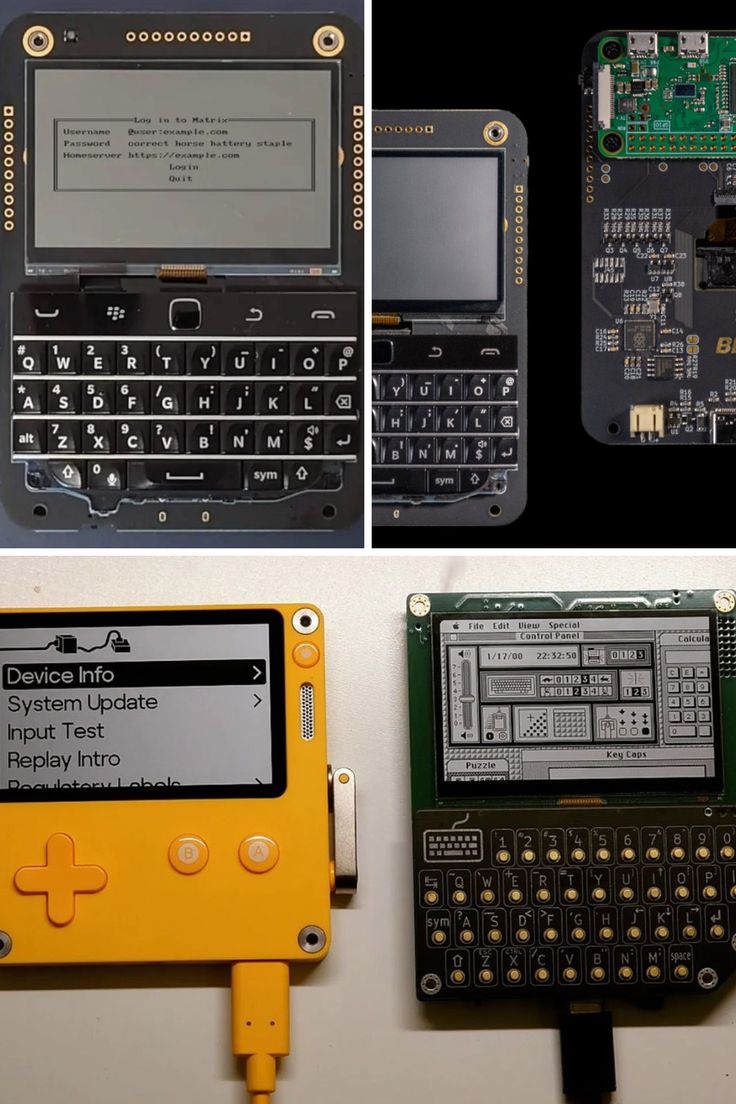 four different types of electronic gadgets are shown in this collage, including a cell phone and a keyboard