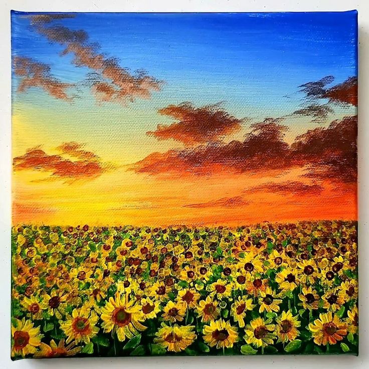 a painting of sunflowers in a field at sunset