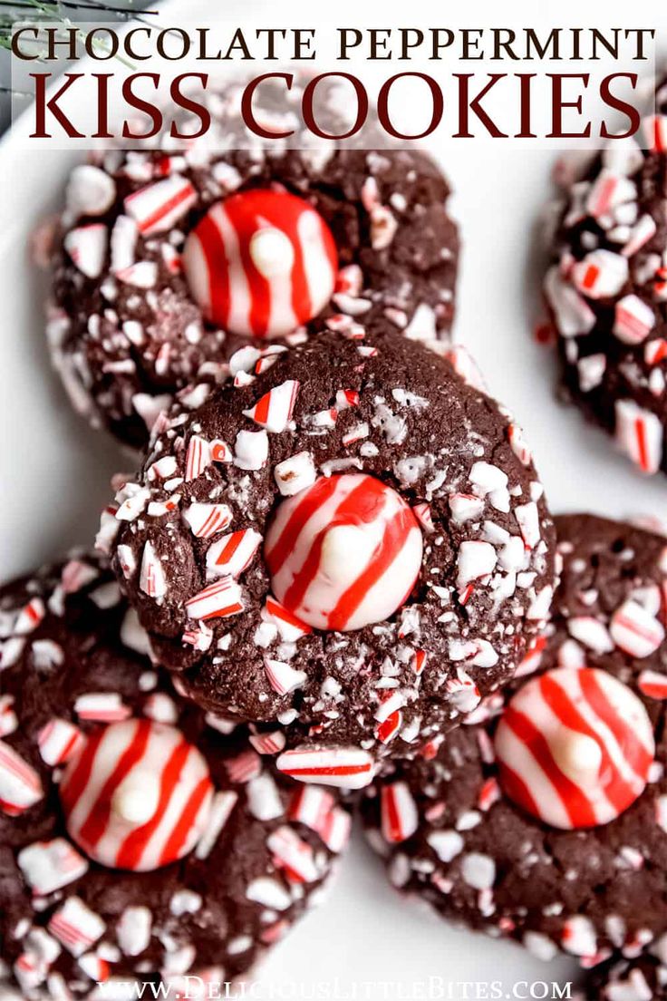 chocolate peppermint kiss cookies on a white plate