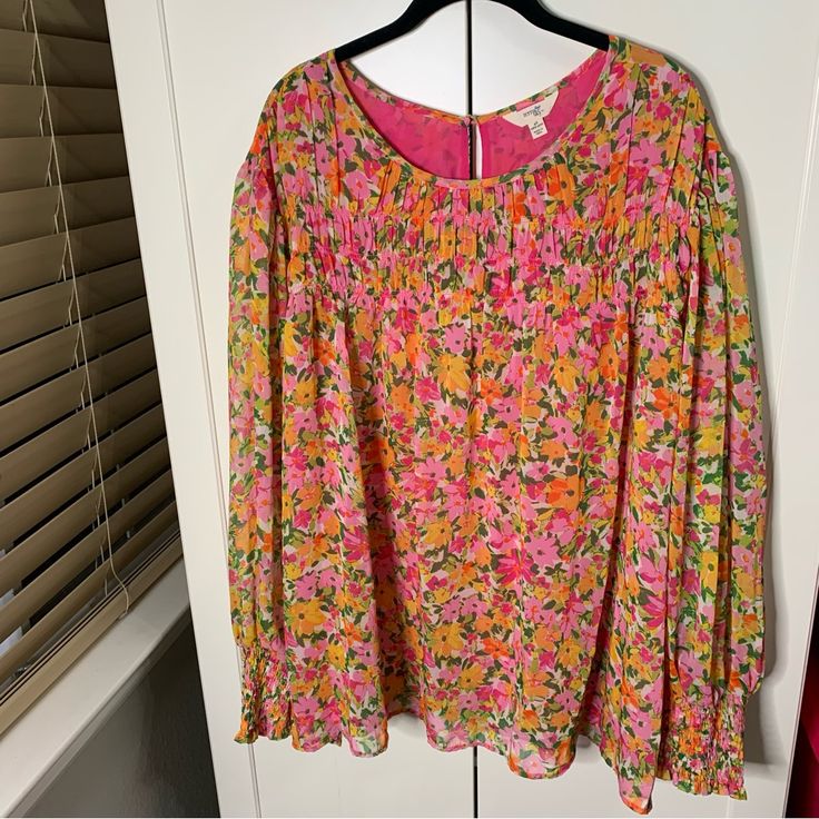 Nwt Terra & Sky Floral Bohemian Peasant Blouse. Beautiful Print! Size 4x (28w-30w). Fully Lined. 100% Polyester. Aaa Spring Floral Print Peasant Top, Multicolor Long Sleeve Smocked Blouse, Multicolor Long Sleeve Smock Blouse, Multicolor Smock Blouse With Long Sleeves, Pink Long Sleeve Smock Blouse, Flowy Peasant Top For Spring Daywear, Pink Blouse For Spring Daywear, Multicolor Long Sleeve Peasant Top For Spring, Pink Bohemian Blouse For Daywear