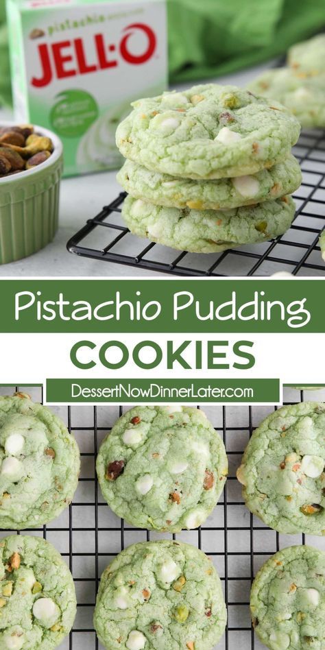 pistachio pudding cookies on a cooling rack