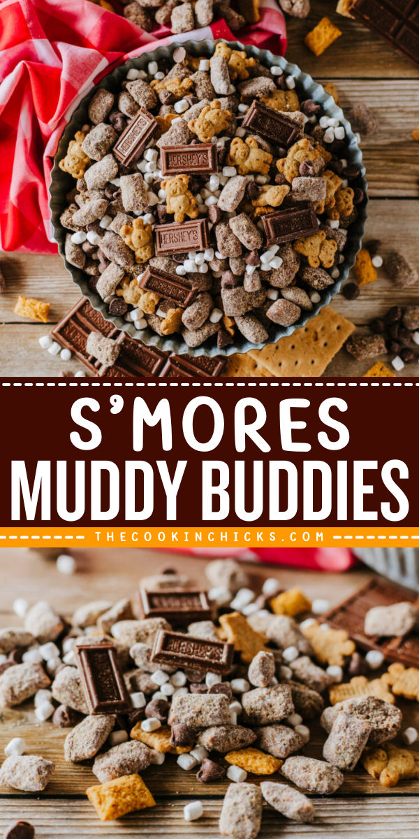 Put a twist on classic muddy buddies with this delicious recipe for S'mores Muddy Buddies! Enjoy the perfect combination of chocolate, marshmallows, and graham crackers in this easy-to-make snack. Smores Muddy Buddy Recipe, S’mores Muddy Buddies, Churro Muddy Buddies Recipe, S’mores Chex Mix Recipe, Fall Food For Potluck, Smores Muddy Buddies, Hot Chocolate Muddy Buddies, Smores Mix Snack, Smores Puppy Chow Recipe