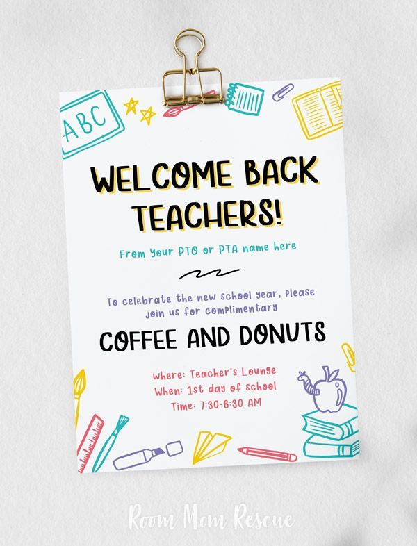 a sign that says welcome back teachers coffee and donut's with school supplies on it