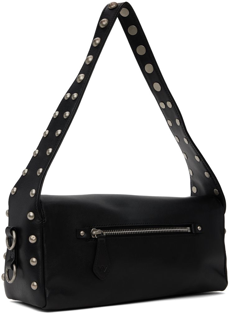 Grained leather shoulder bag in black. · Studs at fixed shoulder strap and sides · Zip pocket at back face · O-rings at side · Logo-embossed magnetic flap · Patch pocket at interior · Twill lining · Logo-engraved antiqued silver-tone hardware · H5.5 x W11 x D4.25 Supplier color: Black Luxury Shoulder Bag With Hardware For Daily Use, Designer Leather Shoulder Bag With Hardware, Luxury Leather Shoulder Bag With Hardware Detail, Luxury Leather Shoulder Bag With Hardware, Luxury Black Shoulder Bag With Hardware, Leather Shoulder Bag With Hardware For Evening, Evening Leather Shoulder Bag With Hardware, Formal Leather Shoulder Bag With Hardware, Designer Leather Bags With Hardware