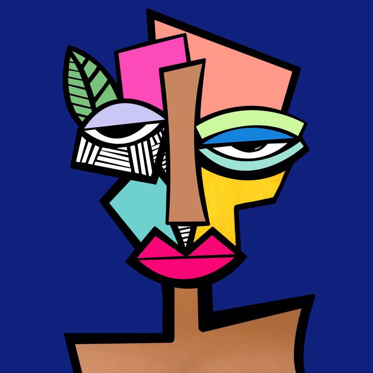 an abstract painting of a woman's face with leaves on her head and blue background