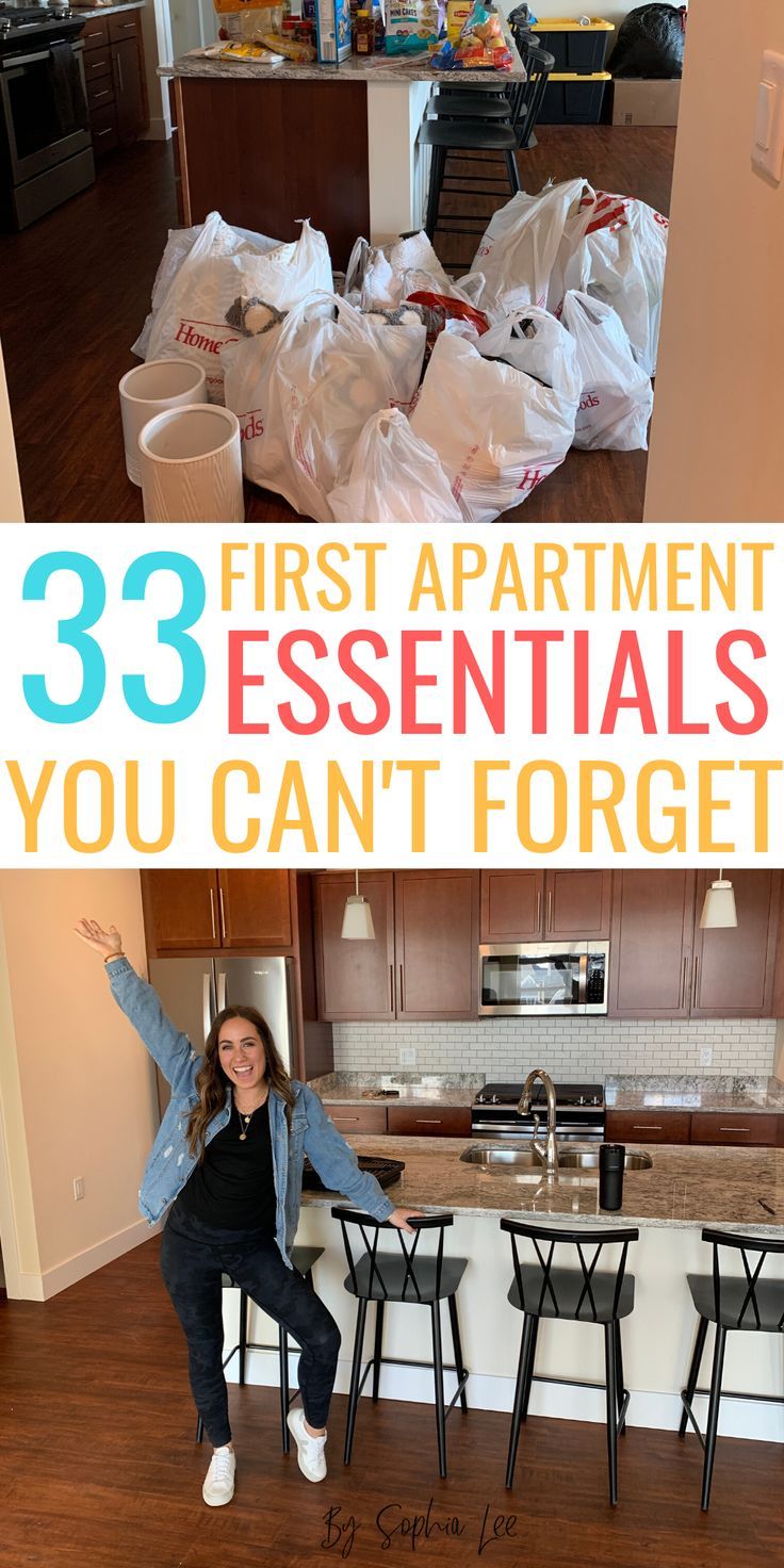 a woman standing in front of a kitchen counter with bags on it and the words 33 first apartment essentials you can't forget