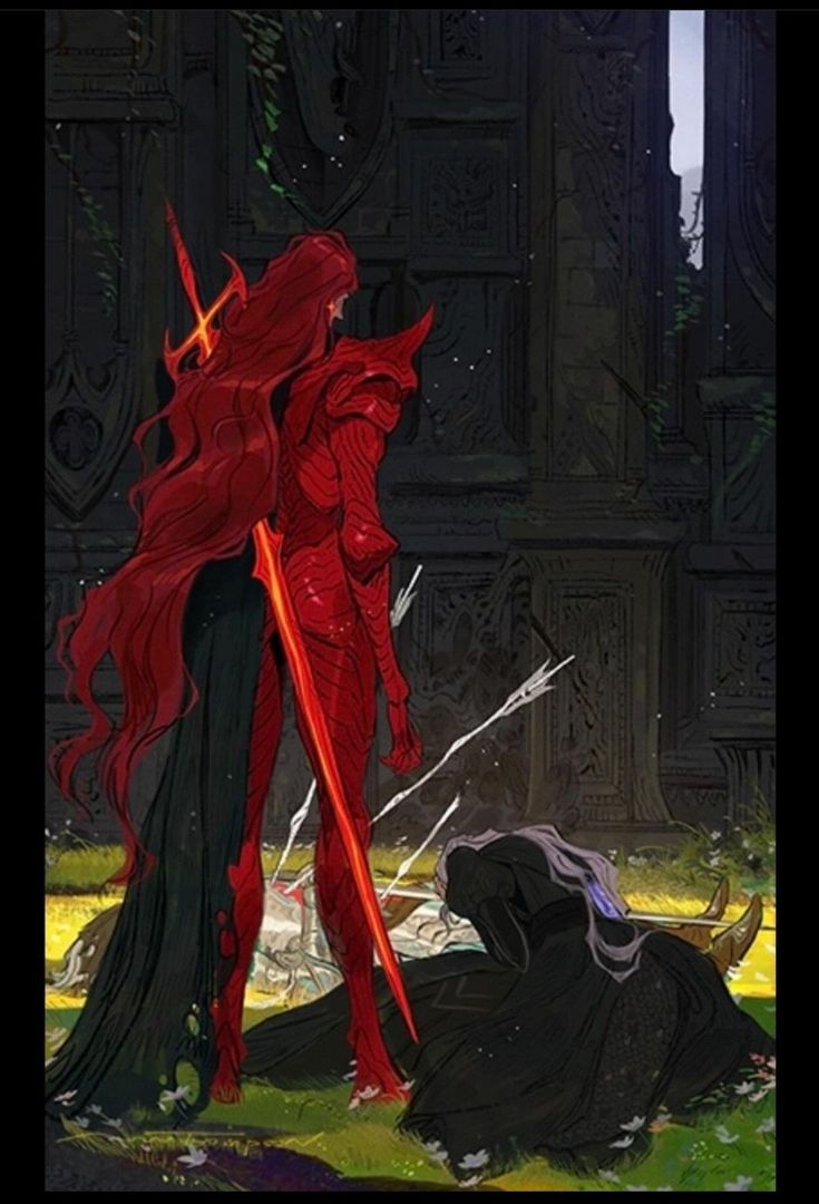 a woman with red hair standing next to a man in black clothes and holding two swords