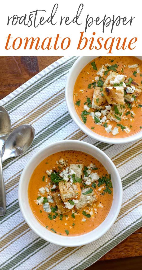 two bowls of tomato soup with tofu and parmesan cheese on the side