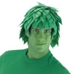 a man with green hair and leaves on his head wearing a green t - shirt