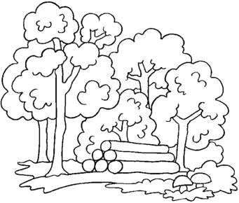 a black and white line drawing of trees in the park with logs on the ground