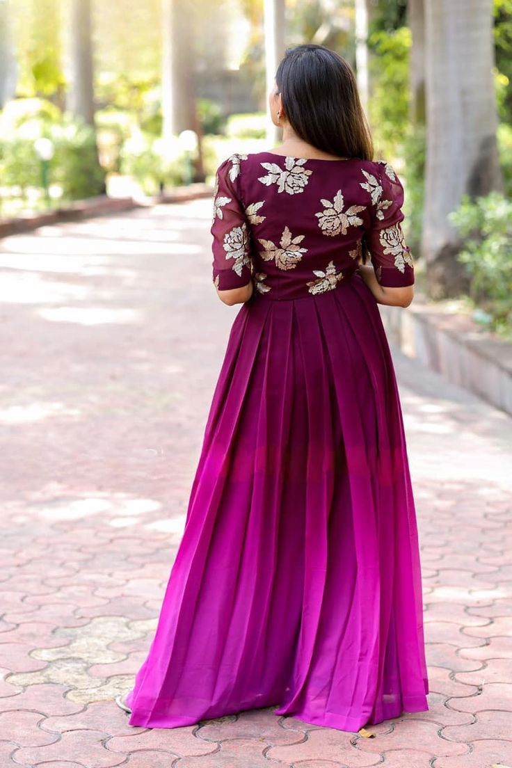 Contemporary yet classic, this *Ruby Wine Dress* is a must-have. Crafted with Pure Georgette fabric features a unique flowy fit with sequin Yoke and shaded Flowey Flair. Available for a ship in Med (38) and Large (40). Wine Dress, Bridal Dresses Pakistan, Kids Frocks Design, Long Skirt Outfits, Long Gown Dress, Georgette Dress, Long Frocks, Kids Frocks, Blouse Work