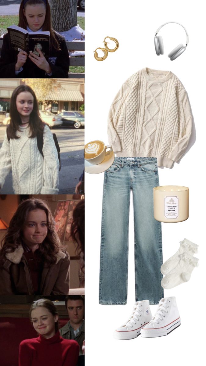 a collage of different outfits and accessories including sweaters, jeans, converse sneakers