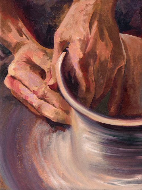 a painting of someone's hands on a pottery bowl with their fingers in it