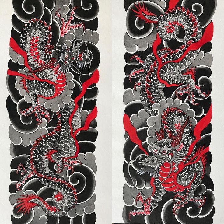 two black and red dragon designs on white paper