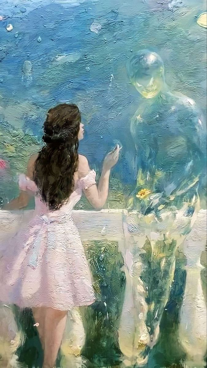 a painting of a girl looking at bubbles