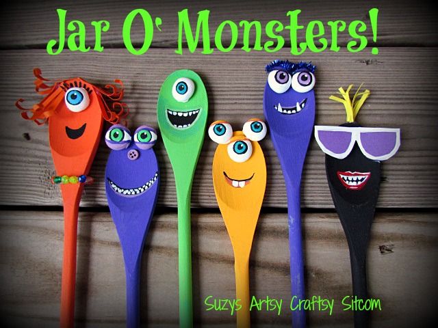 there are five different colored spoons with faces on them and the words jar o'monsters