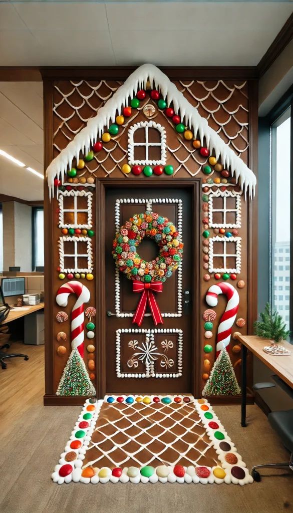 Grinch Lair, Gingerbread Themed Christmas Decor, Christmas Office Door, Christmas Cubicle Decorations, Gingerbread Theme, Diy Christmas Door, Icing Decorations, Christmas Door Decorating Contest, Christmas Classroom Door