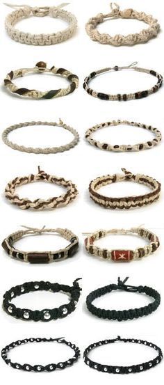 many different types of bracelets are shown in this image, including black and white