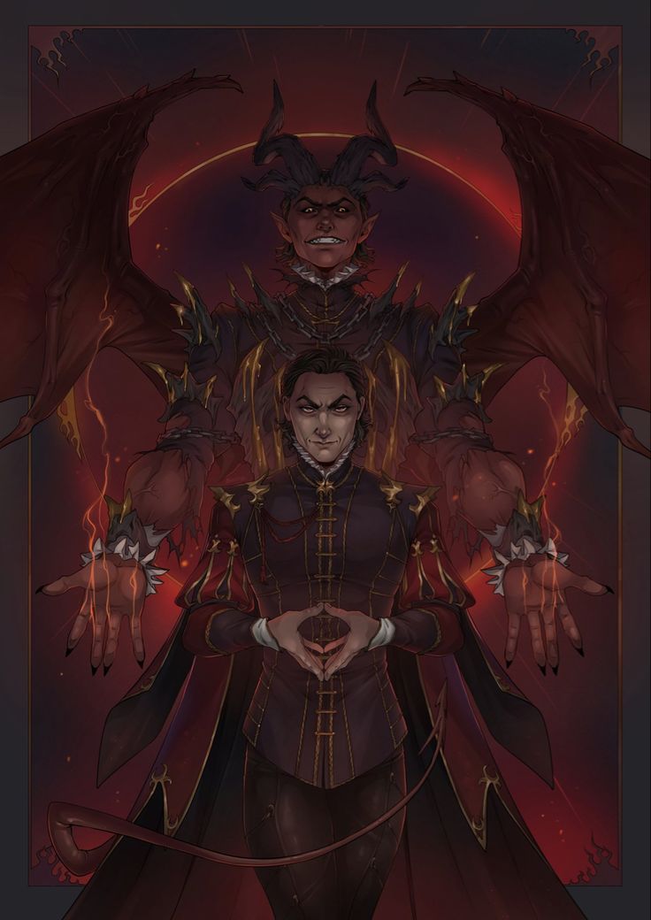 an illustration of two demonic men standing next to each other in front of a red background