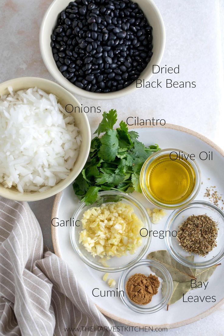 ingredients for black beans and rice on a plate