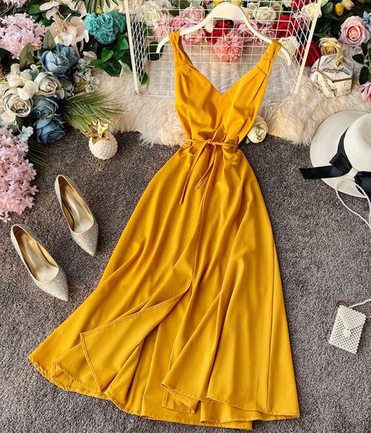 Simple V-neck Dress Sleeveless Dress P267 – PreppyDress Simple Dresses Casual Classy, A Line V Neck Dress, Simple Dresses Casual, Cute Simple Dresses, Summer Closet, Preppy Dresses, Yellow Outfit, Beautiful Prom Dresses, Sweet 16 Dresses