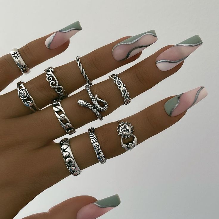 Nail Designs Green And Silver, Graduation Nails Sage Green, Sage Green Acrilyc Nails, Cute Sage Green Nails Short, Sage And Blush Nails, 1 Year Anniversary Nail Ideas, Sage Green Coffin Acrylic Nails, Light Green And Silver Nails, Sage And Silver Nails