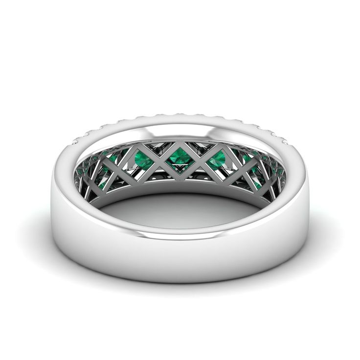 This exquisite emerald and diamond wedding band is a stunning symbol of eternal love and commitment. Crafted with precision and care, the band features alternating emerald and diamond stones set in a delicate and elegant design. The vibrant green emeralds are complemented by the sparkling diamonds, creating a beautiful contrast that will surely captivate anyone's attention. Metal: 14K Gold Setting Type: Prong Rhodium Finish: Yes, on White Gold Gemstone Details: Gemstone: Emerald Shape: Round Ave Green Diamond Eternity Band With Prong Setting, Elegant Green Eternity Band For May Birthstone, Elegant Green Diamond Eternity Band, Elegant Green May Birthstone Eternity Band, Elegant Half Eternity Emerald Ring For Anniversary, Green Round Cut Eternity Band For Formal Occasions, Elegant Green Eternity Band For Anniversary, Timeless Green Wedding Rings For Anniversary, Elegant Emerald Eternity Band For Anniversary