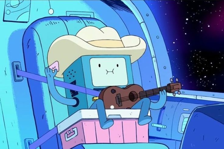 a cartoon character playing a guitar in an airplane