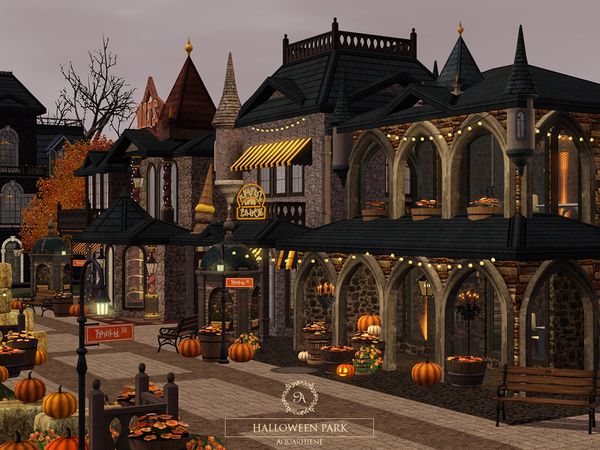 an animated image of a halloween town with pumpkins