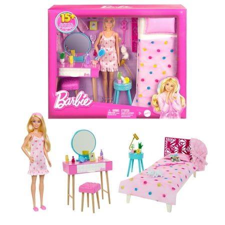 the barbie doll is in her pink bedroom with furniture and dressing table, as well as accessories